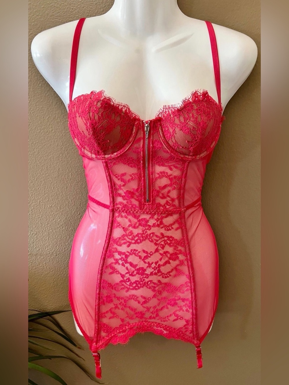 Victoria's Secret Hot Pink Lace Bustier with Front Zip